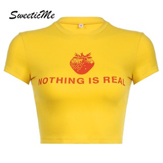 Sweeticme ใหม่ เสื้อยืดลําลอง แขนสั้น คอกลม พิมพ์ลายตัวอักษร สีตัดกัน เข้ารูป เข้ากับทุกการแต่งกาย แฟชั่นสําหรับสตรี 2023