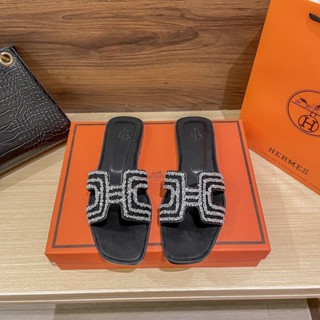 Hermes ของแท้ 100% รองเท้าแตะลําลอง ประดับเพชรคริสตัล แฟชั่นสําหรับสตรี 2023