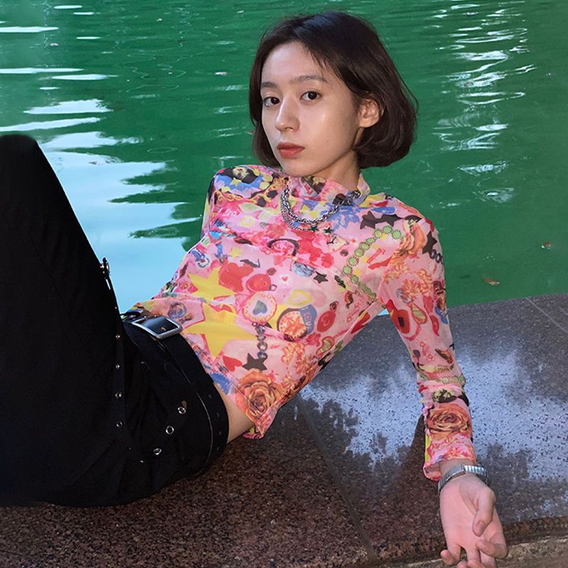 เสื้อท็อปแขนสั้น ผ้าโปร่งใส แบบบาง พิมพ์ลาย สีชมพู แบบเรียบง่าย เข้ากับทุกการแต่งกาย สําหรับผู้หญิง y2k