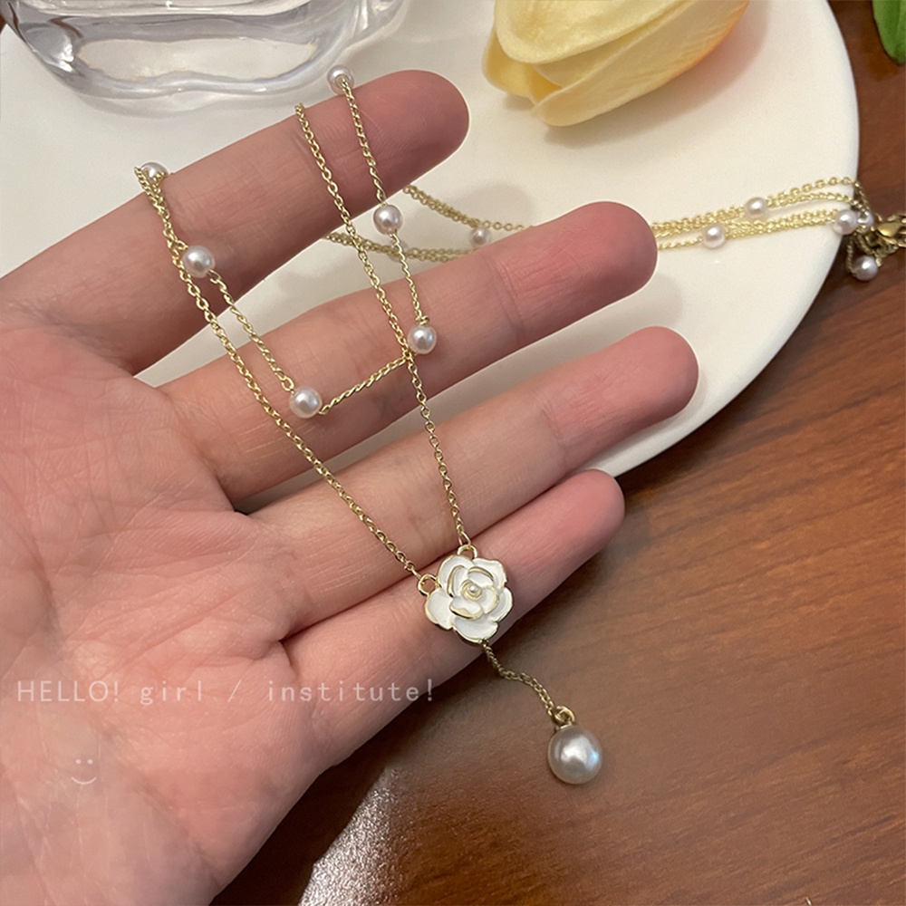 เครื่องประดับ สร้อยคอโชคเกอร์ จี้ดอกคามิเลีย ประดับไข่มุก มีหลายชั้น สีทอง สําหรับผู้หญิง