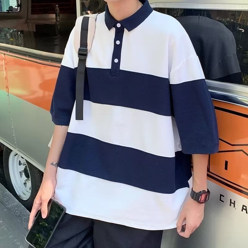 เสื้อโปโล แขนสั้น ลายทาง ทรงหลวม พลัสไซซ์ สไตล์เกาหลี สําหรับผู้ชาย ไซซ์ M-5XL