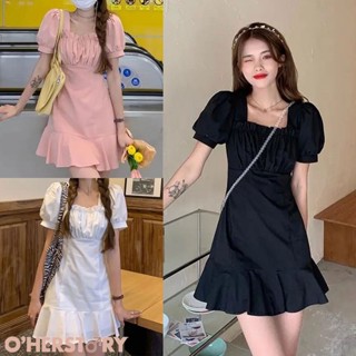 ใหม่พร้อมส่ง เดรสสั้นแขนตุ๊กตาสม็อคอก ชุดเดรสกระโปรงสั้น ชุดเดรสคอเหลี่ยมแขนตุ๊กตา