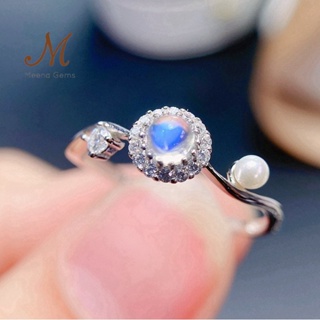 Meena Gems/ แหวนพลอยแท้มูนสโตนเลือปฟ้า ตัวเรือนเงินแท้925 แหวนง้านปรับได้ด้านหลัง พลอยแท้เสริมดวง จัดส่งพร้อมกล่อง