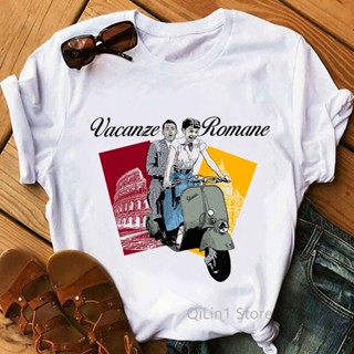 ขายดี เสื้อยืดลําลอง แขนสั้น พิมพ์ลายกราฟฟิค Audrey Hepburn Vespa Scooter สไตล์วินเทจ แฟชั่นโรมัน สําหรับผู้ชาย 562207