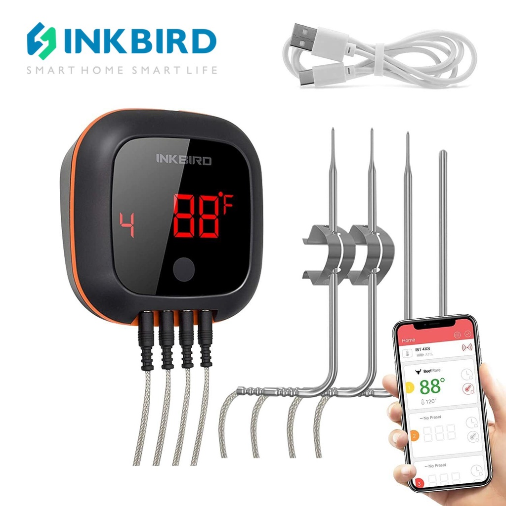Inkbird IBT-4XS เครื่องวัดอุณหภูมิดิจิทัล หน้าจออ่านหนังสือ บาร์บีคิว เนื้อสัตว์ เชื่อมต่อบลูทูธ แม่เหล็ก และโพรบ