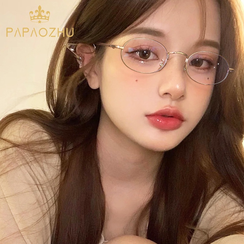 Papaozhu เกาหลี ทอง วงรี กรอบโลหะ แว่นตา สําหรับผู้หญิง เด็กผู้หญิง สง่างาม แสงสีฟ้า ปิดกั้นแว่นตา แว่นตาแฟชั่น อินเทรนด์ กลางแจ้ง เครื่องประดับแว่นตา