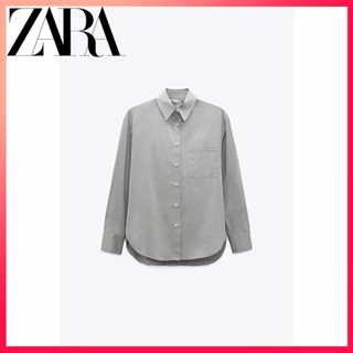 Zara ใหม่ เสื้อผ้าผู้หญิง ผ่าข้าง poplin หลวม แขนยาว ปกเสื้อ