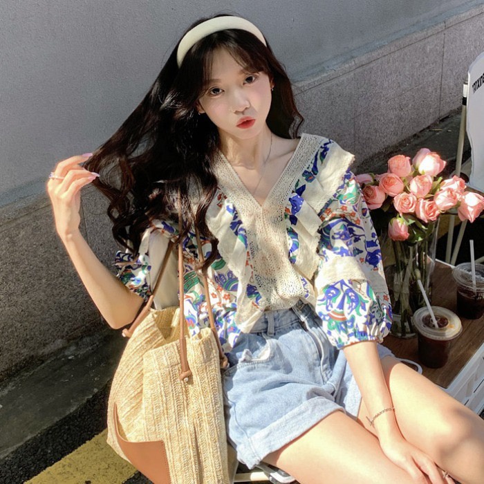 MAเสื้อเชิ้ตแขนสั้น คอวี ผ้าชีฟอง ลายดอกไม้ สไตล์ฝรั่งเศส แฟชั่นฤดูร้อน สําหรับผู้หญิง 5A9B