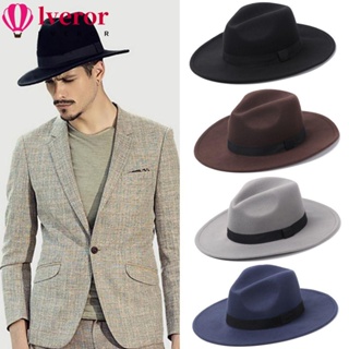 Lveror Fedora หมวกปีกกว้าง ผ้าวูล สไตล์วินเทจ แฟชั่นใหม่