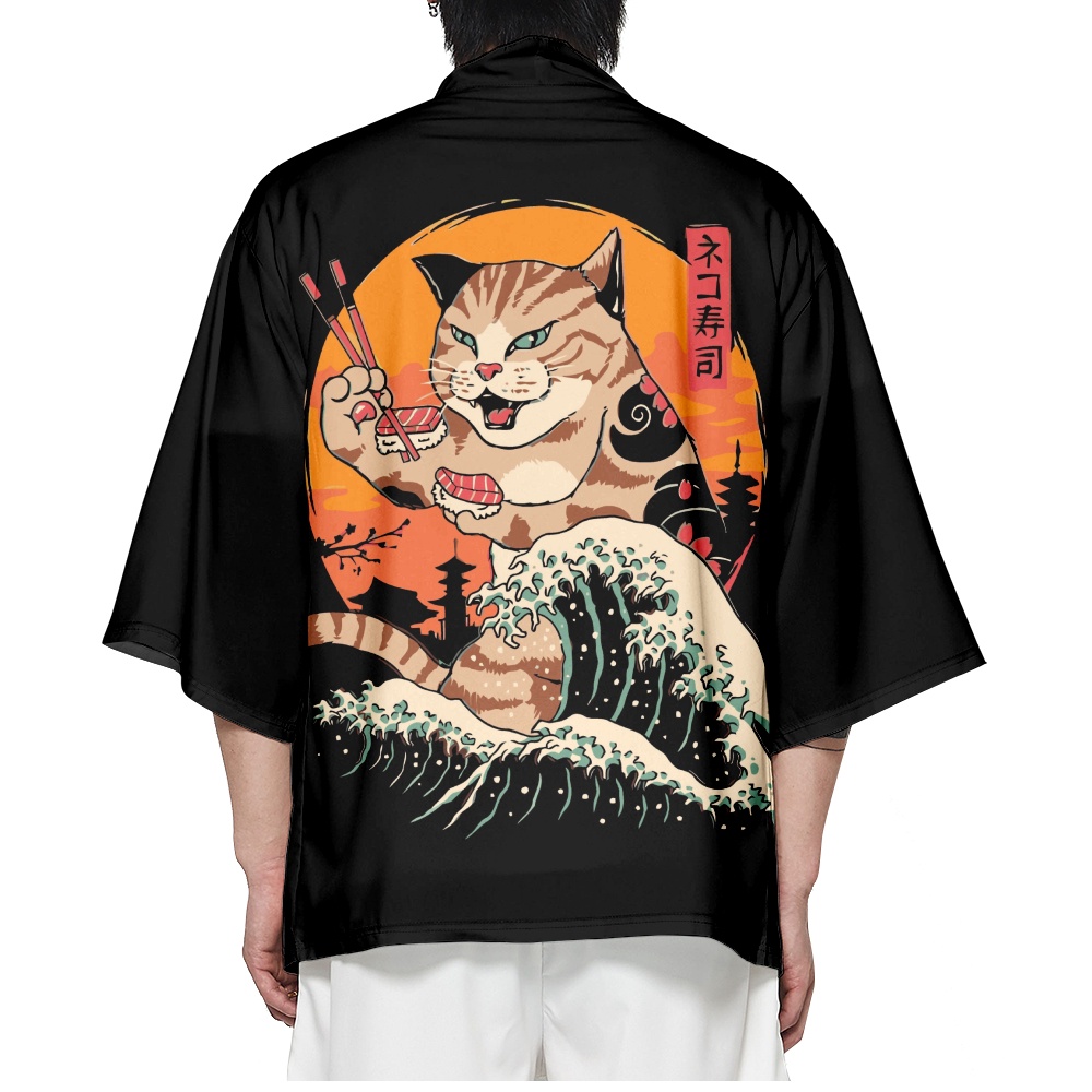 เสื้อคาร์ดิแกนกิโมโน พิมพ์ลายซามูไร แมว ซากุระ พลัสไซซ์ สไตล์ญี่ปุ่น ฮาราจูกุ แบบดั้งเดิม แนวสตรีท เหมาะกับเดินชายหาด แฟชั่นฤดูร้อน สําหรับผู้ชาย และผู้หญิง