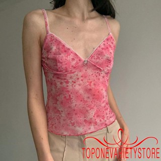 Topone- เสื้อสายเดี่ยว แขนกุด ผ้าลูกไม้ ลายดอกไม้ Y2K สีมัดย้อม เหมาะกับฤดูร้อน สําหรับผู้หญิง