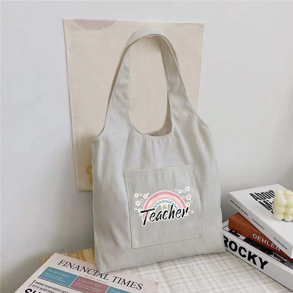 Fashion Teacher Bag Canvas Tote Bag กระเป๋าช้อปปิ้งแบบใช้ซ้ําได้ Tote Bag
