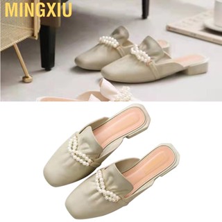 Mingxiu Women Close Toe Slides Faux Pearl Outdoor Low Heeled Backless Flat Slip On Sandals