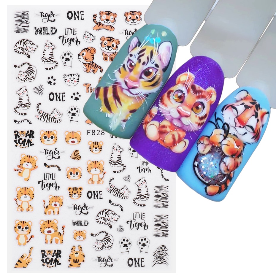 สติกเกอร์เสือ 3D สติ๊กเกอร์ติดเล็บ Love Heart การ์ตูนสัตว์พิมพ์สติกเกอร์เล็บ Tattoo Sliders ตกแต่งเล็บ TRF828