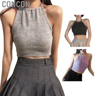 Concon Female Tank Top  Sleeveless Ribbed Knit Backless Halter Neck  Fit Polyester Summer Short for Party Ladies