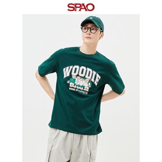 【 Woodie the Little Bear 】เสื้อยืดแขนสั้น ผ้าฝ้าย พิมพ์ลาย SPAO สําหรับผู้ชาย และผู้หญิง SPRPD24C03