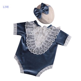 Live ชุดรอมเปอร์ ผ้ากํามะหยี่ แบบนิ่ม แต่งลูกไม้ สําหรับเด็กทารก 100 วัน
