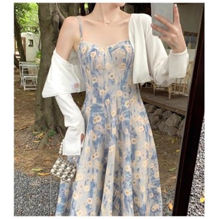 Gentle Style Oil Painting Floral Dress Summer 2023 New Waist Slimming Mid-length First Love Sling Dress