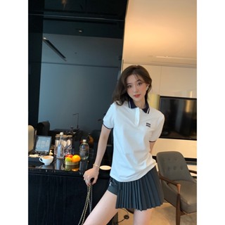 LEG5 MIU MIU 23 spring and summer new fashionable style letter embroidery decorative contrast color aging all-match POLO top