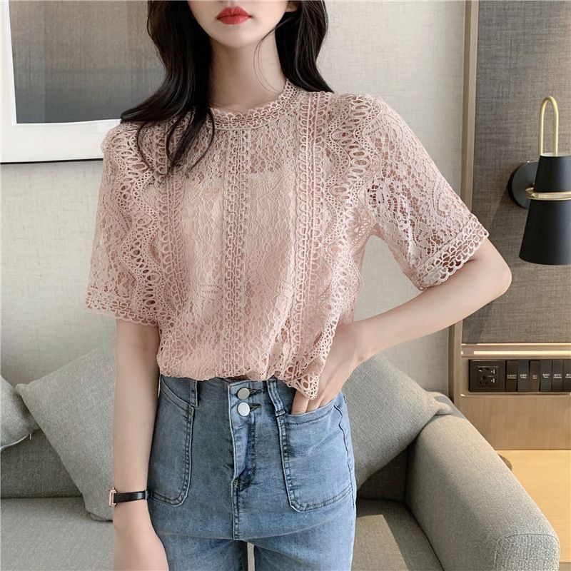 เสื้อเชิ้ตแขนสั้น คอกลม ผ้าลูกไม้ ทรงหลวม เข้ากับทุกการแต่งกาย แฟชั่นฤดูร้อน สําหรับผู้หญิง 2023 2023