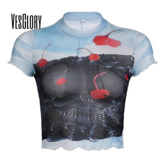 Vesglory เสื้อครอปท็อป คอกลม แขนสั้น ผ้าตาข่ายโปร่งแสง พิมพ์ลายเชอร์รี่ สําหรับผู้หญิง 2023