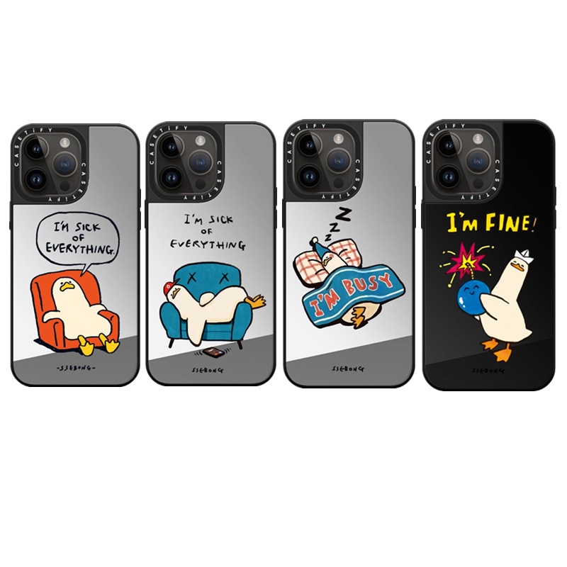 Casetifg น่ารักขี้เกียจเป็ดคุณภาพสูงกระจกเคสโทรศัพท์พร้อมกล่องสําหรับ iPhone 16 11 12 13 14 15 Pro Max 16 Plus ซิลิโคนด้านข้างตัวอักษรแกะสลักป้องกันปลอกกันกระแทก PC ฝาหลัง