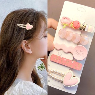 กิ๊บติดผมหน้าม้า ประดับโบว์ ไข่มุก ดอกไม้ สีชมพู Y2K 5 ชิ้น ต่อชุด