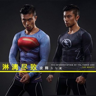 เสื้อยืดแขนยาว แบบยืดหยุ่น ระบายอากาศได้ดี แบบแห้งเร็ว ลาย Marvel Superman เหมาะกับใส่เล่นกีฬาบาสเก็ตบอล สําหรับผู้ชาย