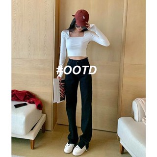 OOTD SHOP กางเกงขายาว กางเกงยีนส์ผู้หญิง ผู้หญิงแฟชั่นเกาหลี A97L0JY