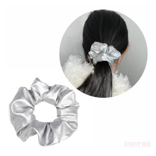 Zuo ยางรัดผม หนัง PU สีเงิน Y2K เรียบง่าย เครื่องประดับผม