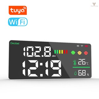 Fw Tuya เครื่องวัดอุณหภูมิความชื้น WiFi 4in1 นาฬิกาปลุกทดสอบ 11 นิ้ว จอแสดงผลสี LED Tuya การเชื่อมโยงอัจฉริยะ APP ควบคุมเสียงรบกวน