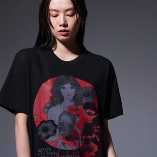 Yohji Yohji Yamamoto SYTE เสื้อยืดแขนสั้น พิมพ์ลายหัวกะโหลก สีดํา ทรงหลวม สําหรับผู้ชายและผู้หญิง