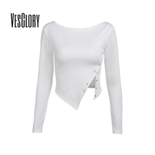 Vesglory เสื้อครอปท็อป คอกลม แขนสั้น สีพื้น เซ็กซี่ สําหรับผู้หญิง 2023