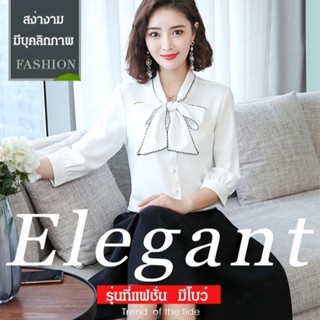 AAA  เสื้อเชิ้ตผู้หญิงสไตล์ใหม่ในฤดูร้อน ดีไซน์โบว์หวานเรียบหรู ประดับด้วยมุก ผ้าชีฟอง สำหรับชุดทำงานผู้หญิง
