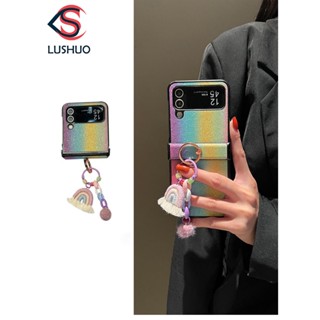 Lushuo เคสโทรศัพท์มือถือ ลายทางสายรุ้งน่ารัก พร้อมจี้ และสายคล้องมือ สําหรับ Samsung Galaxy Z Flip 3 5G and Z Flip 4 Z Flip3 ZFlip3 ZFlip 3 Z Flip4 ZFlip 4