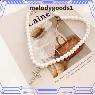 MELODYGOODS1 สร้อยคอมุก ผู้หญิง ฮิปฮอป โซ่ ไม้กางเขน เครื่องประดับ ที่น่าสนใจ จี้เพชร