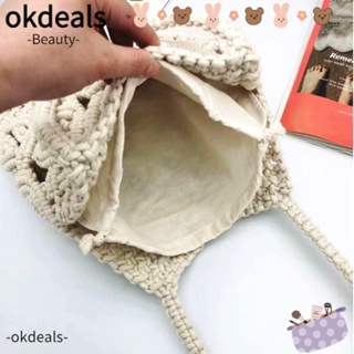 OKDEALS กระเป๋าสะพายไหล่ ผ้าฝ้ายถัก แบบรูกลวง เหมาะกับเดินชายหาด สําหรับผู้หญิง