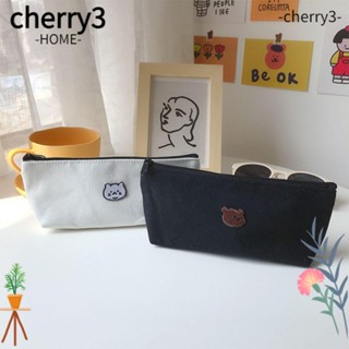 Cherry3 กล่องปากกา ผ้าแคนวาส ปักลายหมี แมวน่ารัก สไตล์เกาหลี สําหรับใส่เครื่องเขียน โรงเรียน สํานักงาน