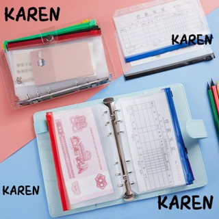 Karen กระเป๋าโฟลเดอร์ PVC แบบใส ขนาด A5 A6 มีซิป 6 ห่วง กันน้ํา สําหรับใส่เอกสาร โน้ตบุ๊ก