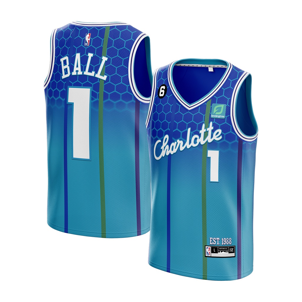 เสื้อกีฬาบาสเก็ตบอล ทีม Lamelo Ball Charlotte Hornets 1 Blue CITY Swingman NBA Lining