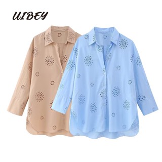 Uibey เสื้อเชิ้ตแขนยาว คอปก ปักลาย แบบโปร่ง