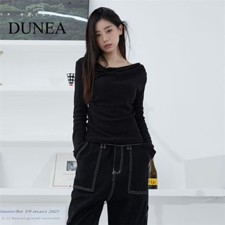 Dunea เสื้อยืด แขนยาว เปิดไหล่ สีพื้น ทรงสลิมฟิต แฟชั่นสตรีท