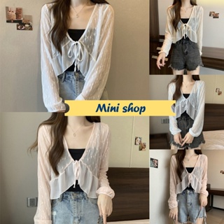 Mini shop🌸พร้อมส่ง🌸 (95141) เสื้อคลุมถักไหมพรมเบาบาง แขนยาว ผ้าซีทรู ลวดลายลูกไม้ -C