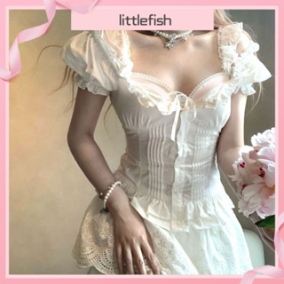 [littlefish] ชุดเดรสกระโปรงสั้น แขนพัฟ เอวแคบ ลดอายุ หรูหรา สไตล์ฝรั่งเศส แฟชั่นฤดูร้อน สําหรับเด็กผู้หญิง