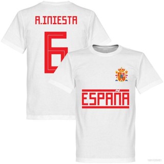 เสื้อยืดคอกลม แขนสั้น พิมพ์ลาย World Cup Spain Jersey Fans Iniesta No.6 สีขาว พลัสไซซ์