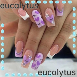 Eucalytus1 เล็บปลอม ทรงสี่เหลี่ยม แต่งกลิตเตอร์ ลายดอกทานตะวัน ถอดออกได้ สไตล์ฝรั่งเศส สําหรับผู้หญิง