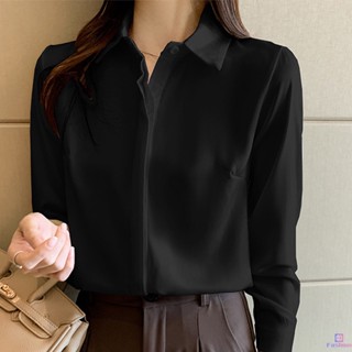 เสื้อเชิ้ตแขนยาว คอวี ติดกระดุม แบบเรียบ สําหรับผู้หญิง