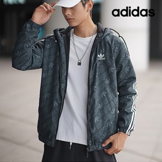 Adidas ของแท้ 100% เสื้อแจ็กเก็ต มีฮู้ด พิมพ์ลายทาง ให้ความอบอุ่น อเนกประสงค์ สไตล์คลาสสิก สําหรับทุกเพศ