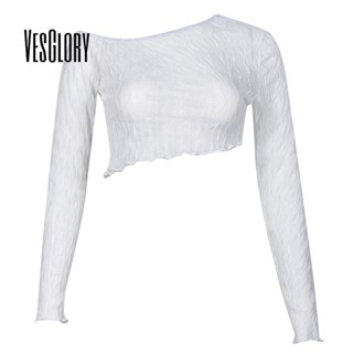 Vesglory เสื้อครอปท็อป แขนยาว เปิดไหล่ สีพื้น แฟชั่นสําหรับผู้หญิง 2023