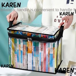 Karen กระเป๋าเก็บหนังสือ แบบใส มีซิป กันฝุ่น วางซ้อนกันได้ แบบพกพา สําหรับนักเรียน